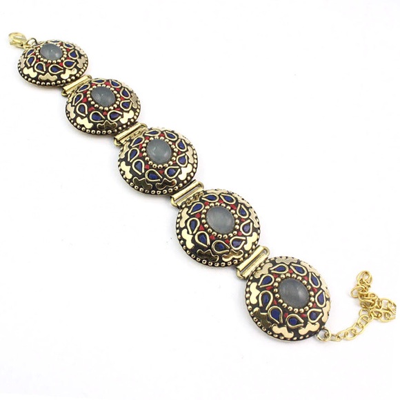 🆒 Rose Quartz Lapis Lazuli Turkish Brass Bracelet - Picture 2 of 6